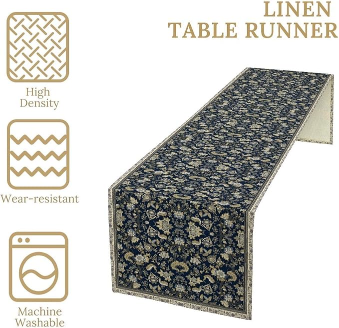 Vintage Boho Floral Table Runner, Morris Rustic Country Farmhouse Dark Blue Grey Retro Flower Pattern for Home Kitchen Table Decor Dining Coffee Room Party Decor 13x36in