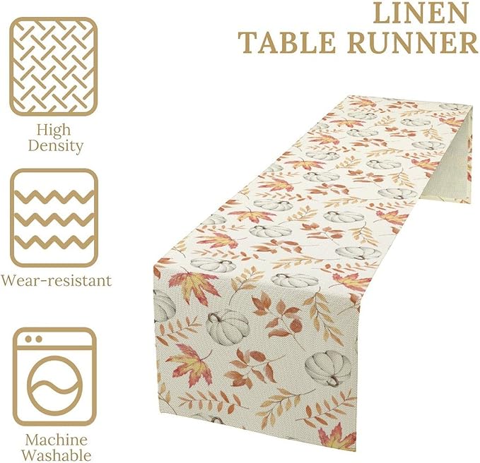Pumpkin Leaves Table Runner,Seasonal Autumn Thanksgiving Kitchen Dining Table Decoration for Home Party Decor 13x70 Inch
