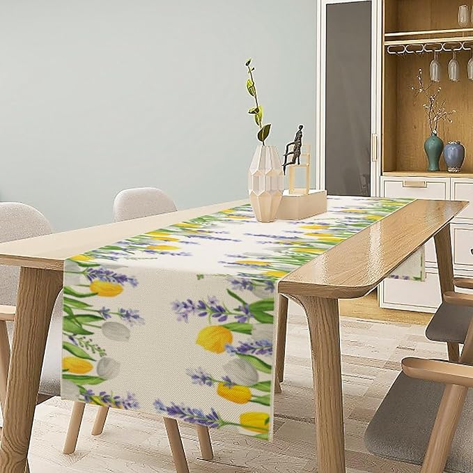 Floral Tulip Lavender Table Runner, Spring Watercolor Flower Plants Nature Butterfly Table Runner for Kitchen Dinner Living Room Home Party, 13x90 Inch