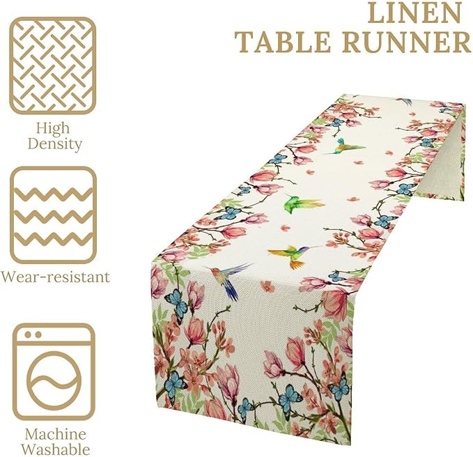 Vintage Watercolor Flower Hummingbird Table Runner Seasonal Spring Garden Plants Birds Florals Farmhouse Country Kitchen Dinner Runner Dining Table Decoration 13"x120"