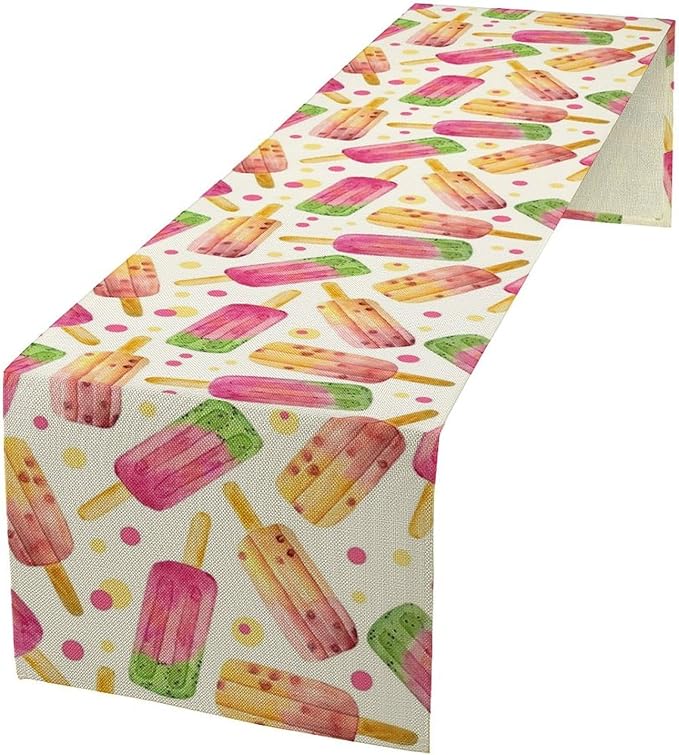 Ice Cream Popsicles Table Runner, Watercolor Summer Seasonal Fruit Peach Kiwi Berry Popsicles Orange Pink Sweet Dessert Dinner Runner for Party Holiday Home Kitchen Dining Table Decor 13"x36"