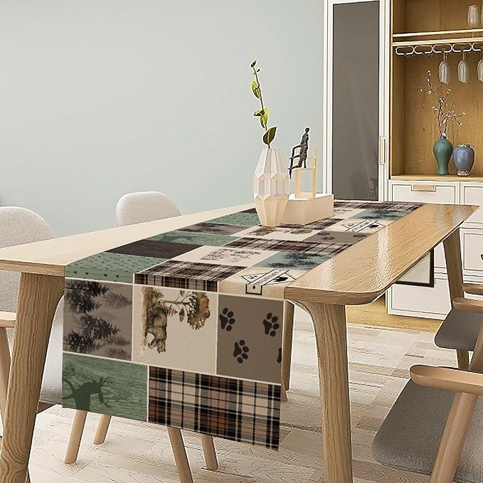Bear Deer Table Runner,Rustic Lodge Retro Country Farmhouse Buffalo Plaid Print Tablecloth Burlap for Hotel Indoors Outdoor Dining Room Kitchen Home Decor,W13X L80 in