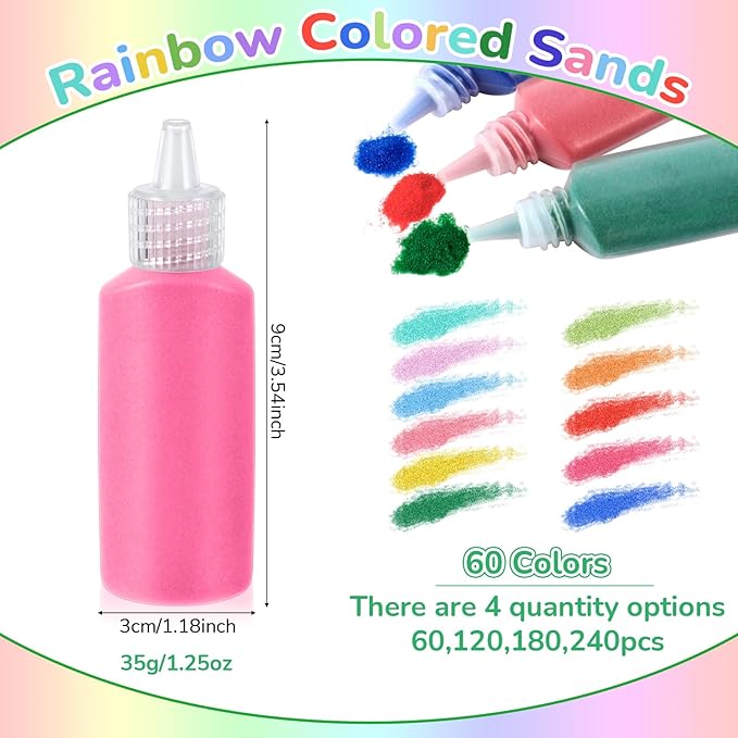 Wettarn 60 Pcs 1.25 oz Sand Art Bottle Kits 60 Colors of Sand and Bottle for Rangoli Art Painting DIY Drawing Favor Diwali Wedding Decoration Vase Glass Crafty Collection (Multicolor)