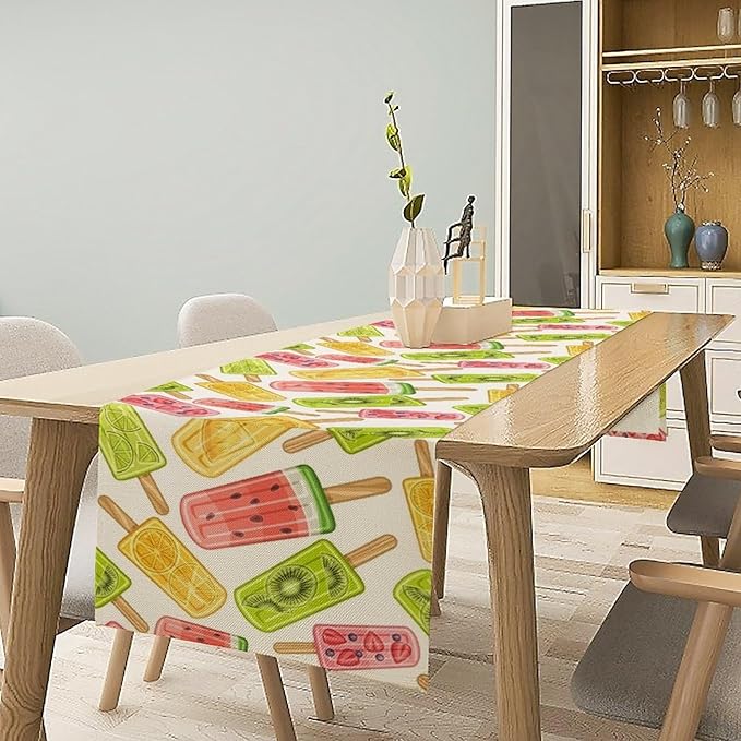 Ce Cream Table Runner, Cold Fruity Popsicles Summer Sweet Seasonal Dinner Runner for Party Holiday Home Kitchen Dining Table Decor 13"x60"
