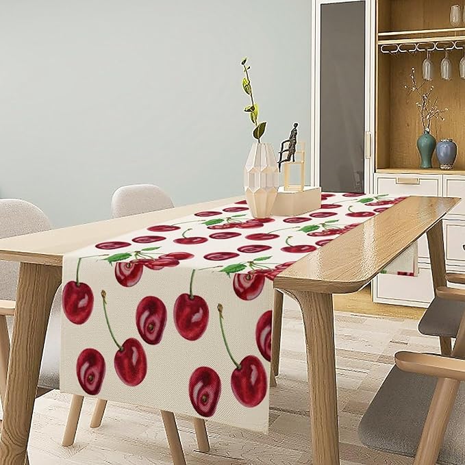 Red Cherry Table Runner Watercolor Tropical Fruit Spring Summer Wild Berry Dinner Runner for Girl Baby Shower Party Holiday Home Kitchen Dining Table Decor 13x60