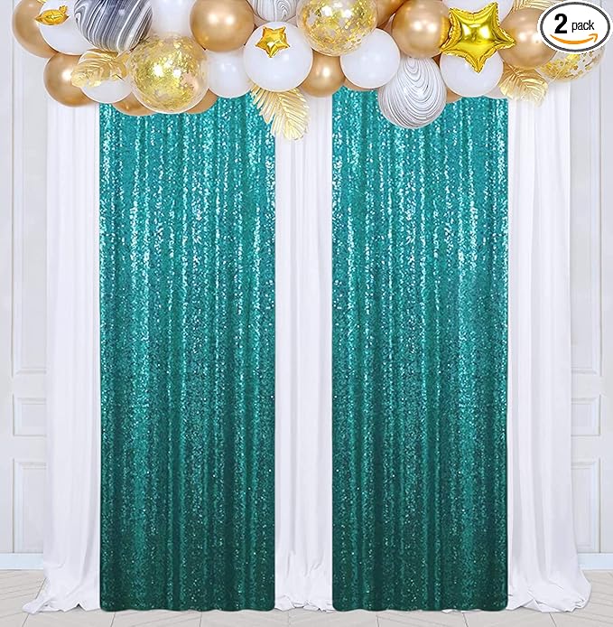 Poise3EHome 2Pcs 2Ft x 8Ft Teal Sequin Backdrop Curtains, Glitter Photography Background, Sequence Xmas Thanksgiving Backdrop for Wedding Party Holiday Festival Decor