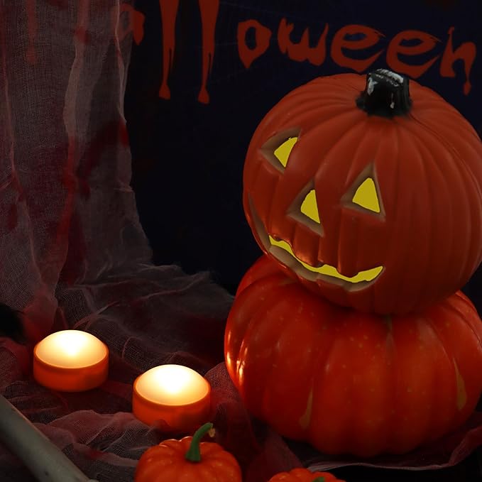 LED Pumpkin Lights with Remote and Timer, Battery Operated Bright Flickering Flameless Candles for Pumpkin Decor, Jack-O-Lantern Halloween Party Decorations,Orange Color, 2 Pack