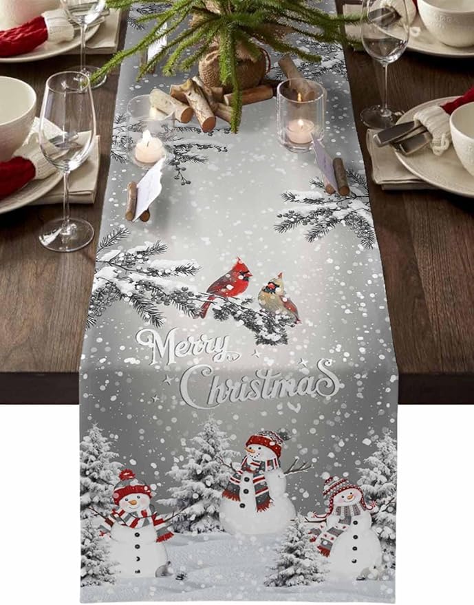 Christmas Snowman Cotton Linen Table Runner for Dining Kitchen, Snowflakes Xmas Pine Tree Wedding Outdoor Party Tablerunner Decoration Winter Bird Dresser Scarf Coffee Tablecloth Runners 13x60 Inches