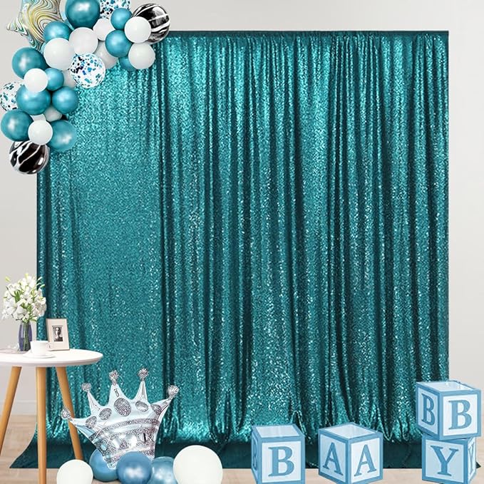 SquarePie Sequin Backdrop Curtain Not See Through Thick Glitter Background for Party 8FT x 8FT Teal