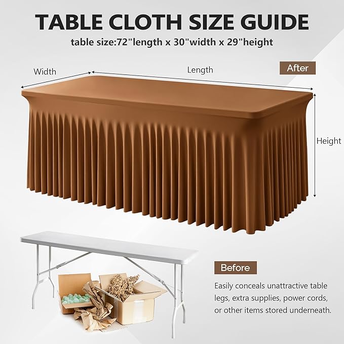 Wish Care 6 Pack Brown Spandex Table Clothes for 8 Foot Rectangle Tables, 8FT Wrinkle Free Fitted Tablecloths Ruffles Design Table Cover for Party, Banquet, Wedding and Events