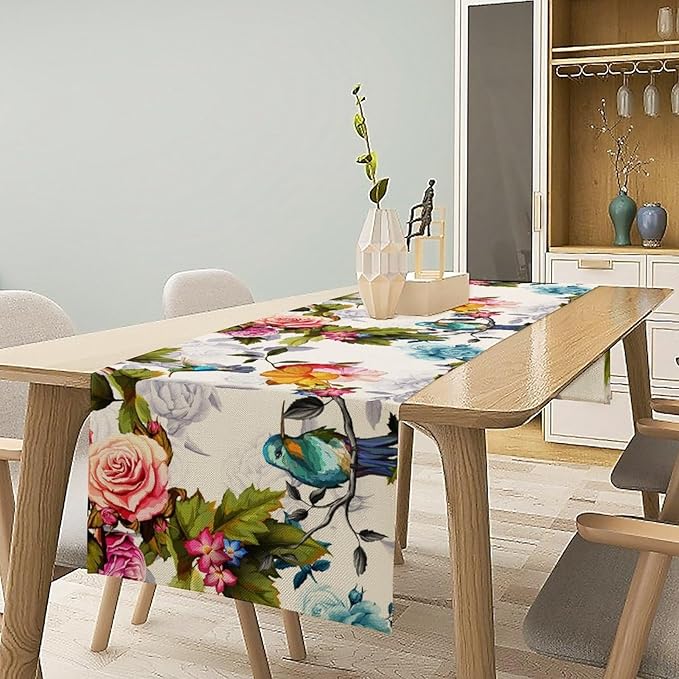 Hummingbird Table Runner,Vintage Floral Country Style Table Cloth Home Kitchen Restaurant Party Decoration 13x108 Inch