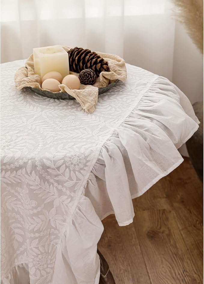 patdrea Vintage Ruffle Tablecloth for Rectangle Tables,Farmhouse Embroidered Cotton White Lace Table Cloth Cover Decor for Dining Room Wedding Banquet Thanksgiving Christmas,59"*91"