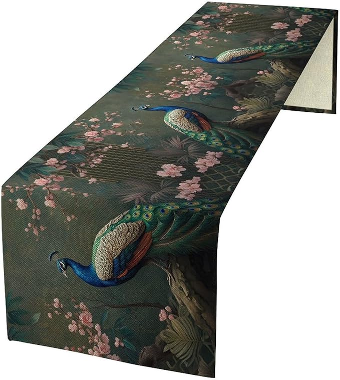 Peacock Table Runner,Vintage Aesthetic Peacock Birds Table Runner for Home Kitchen Dining Party Indoor Outdoor Decoration 13x36 Inch