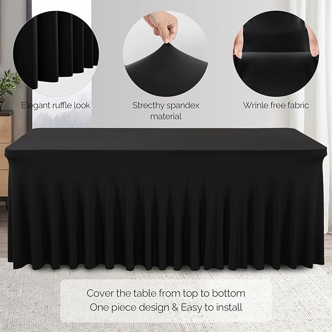 Wish Care 2 Pack Black Spandex Table Cloths - Fitted, Wrinkle Free, 6ft Rectangle Table Cover for Party, Banquet, Wedding & Events
