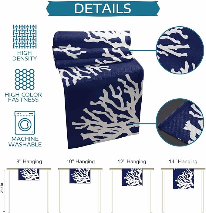 Coastal Coral Cotton Linen Table Runner for Dining Kitchen, Wedding Outdoor Party Tablerunners Decoration, Navy Blue Nautical Ocean Beach Dresser Scarf Coffee Tablecloth Runners 13x90 Inches