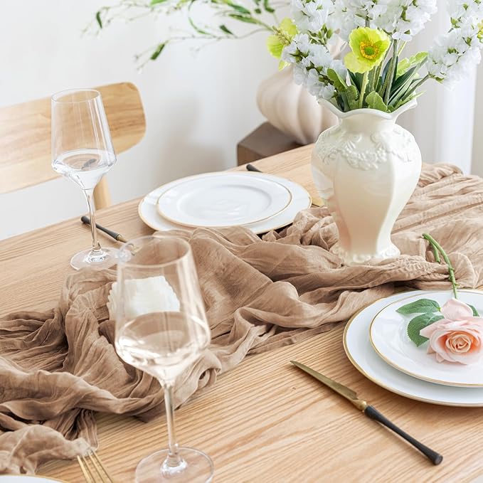 Asee'm Cheesecloth Table Runner 120 Inches Long Nude Boho Gauze Cheese Cloth Runner 10FT Rustic Sheer Fall Table Runners for Thanksgiving Christmas Wedding Party Baby Shower Decoration