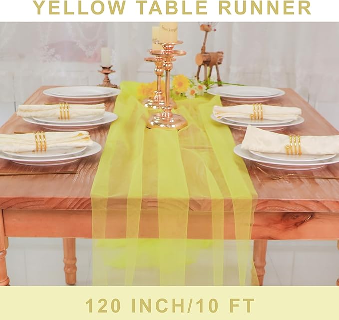 Snowkingdom Fall Yellow Table Runner, 10FT Light Yellow Tulle Gauze Sheer Cheesecloth Thanksgiving Dining Table Decorations, Boho Rustic Tulle Runners for Wedding Baby Shower Party Decor 120 Inch