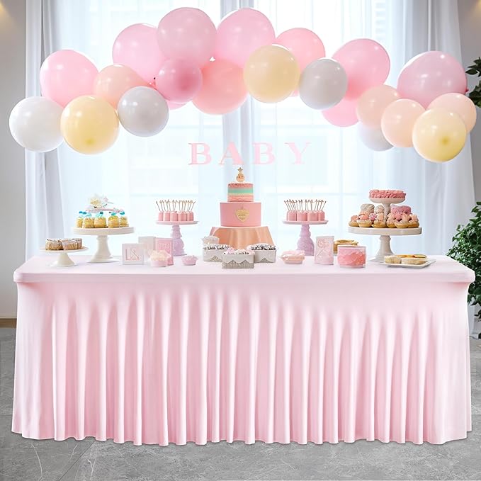 Wish Care 2 Pack Pink Spandex Table Clothes for 4 Foot Rectangle Tables, 4FT Wrinkle Free Fitted Tablecloths Ruffles Design Table Cover for Party, Banquet, Wedding and Events