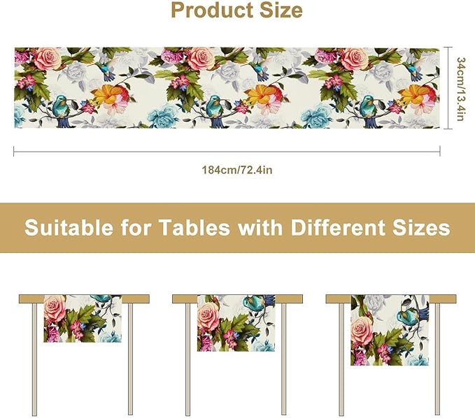 Hummingbird Table Runner,Vintage Floral Country Style Table Cloth Home Kitchen Restaurant Party Decoration 13x36 Inch