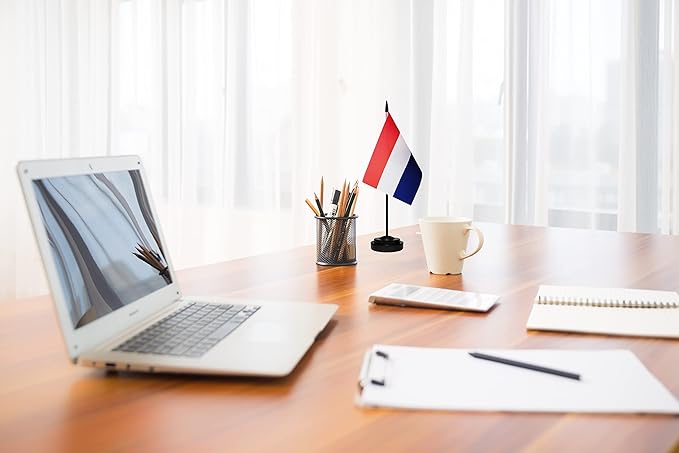 Netherlands Dutch Deluxe Desk Flag Set, Small Mini Miniature Netherlands Dutch Table Desktop Flags With Solid Pole, Black Base and Spear Top(2 Pack)