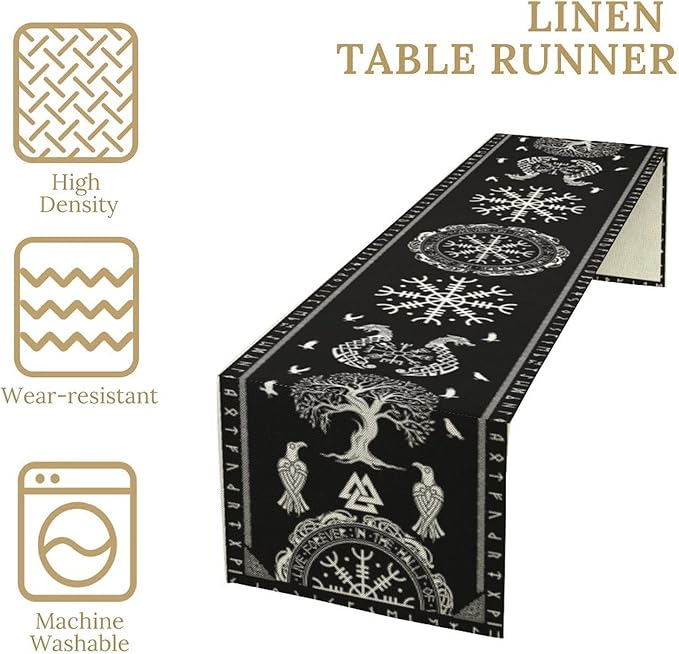 Ancient Abstract Pattern Table Runner, Tree of Life Eagle Dragon Boat Rudder Black and White Table Runner for Party Kitchen Dinner Cafe Bedroom Living Room Table Runner 13x120 Inch