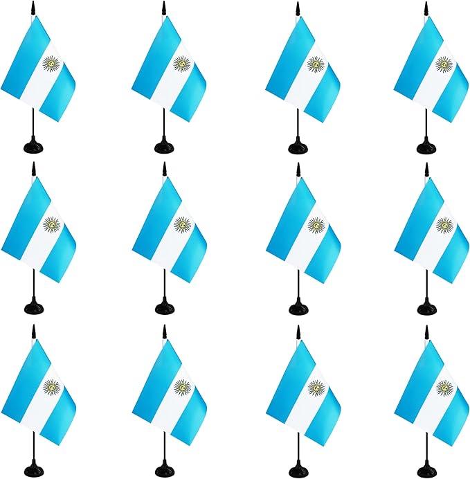 Argentina Desk Flag, 12 Pack Argentinian Table Office Flag with Black Solid Pole and Stand Base, International Country Flag, Festival Celebration, Classroom Meeting Desktop Decor (Argentina)