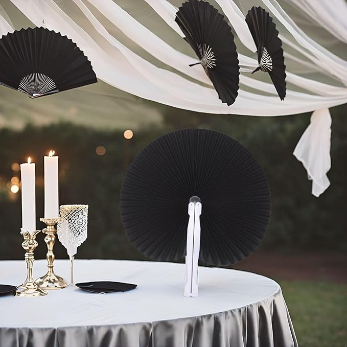 12 Packs Decorative Paper Folding Hand Fans Handheld,Black Round Foldable Wedding Fans Chinese and Japanese Fans Bulk for Bridal Guest Church Party Favors Dancing Birthday DIY