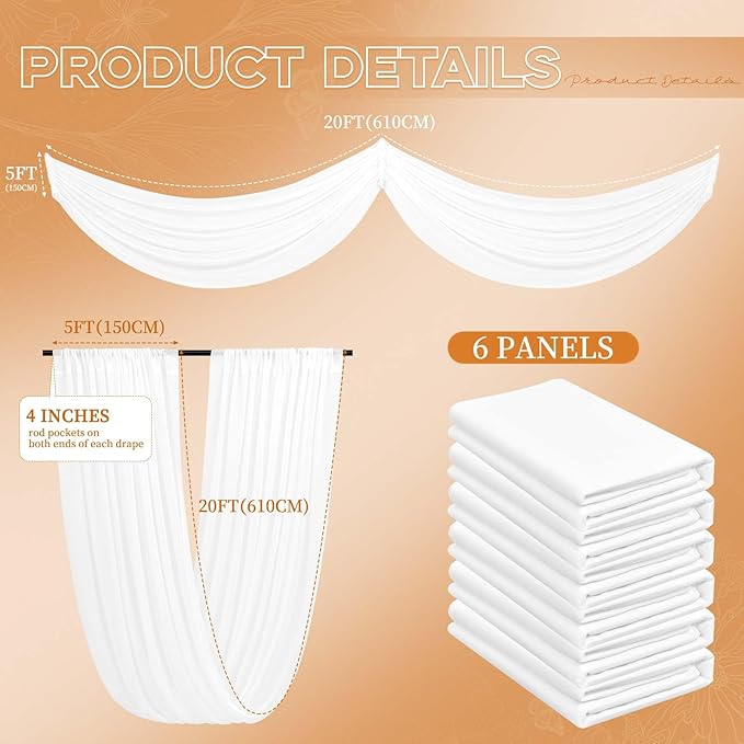 6 Panels White Wedding Drapes - 5ft x 20ft, Wedding Arch Draping Fabric, Cheesecloth Sheer Curtain