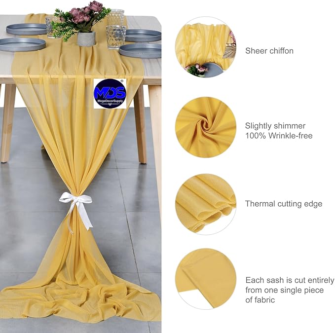 MDS Halloween Chiffon Table Runner - 12 Pack, 29 x 170 Inches, 14ft Each - Sheer Spooky Table Runners for Haunted House Parties, Trick-or-Treat Tables, Witchy Décor, Wedding & Events - Gold