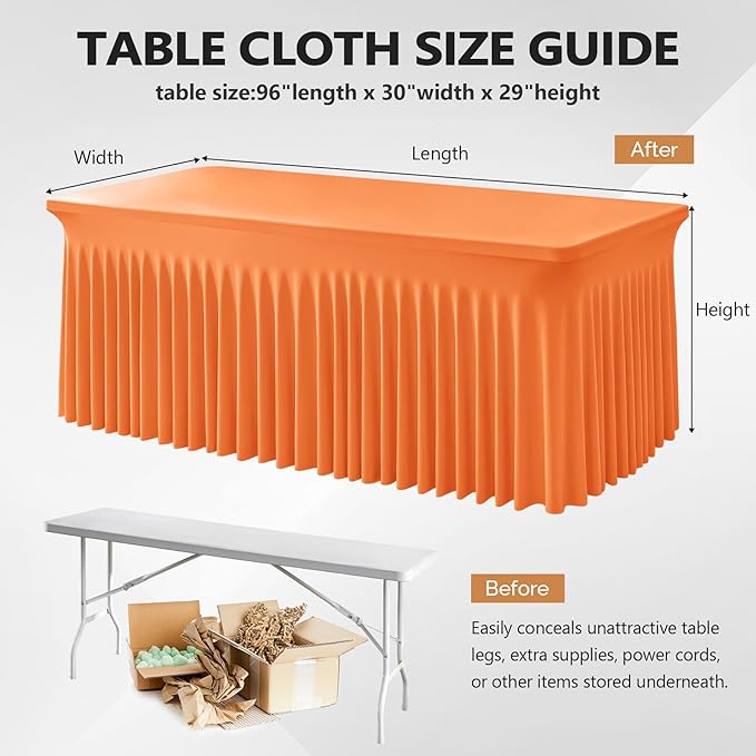 Wish Care 6 Pack Orange Spandex Table Clothes for 8 Foot Rectangle Tables, 8FT Wrinkle Free Fitted Tablecloths Ruffles Design Table Cover for Party, Banquet, Wedding and Events