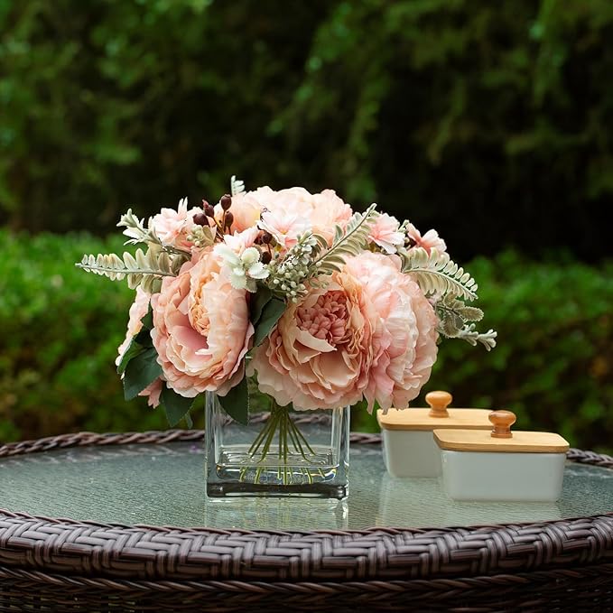 ENOVA FLORAL Artificial Flower Arrangement with Vase,Mixed Artificial Silk Peony Flower in Vase for Decoration Home Office, Wedding Centerpiece (Champagne)