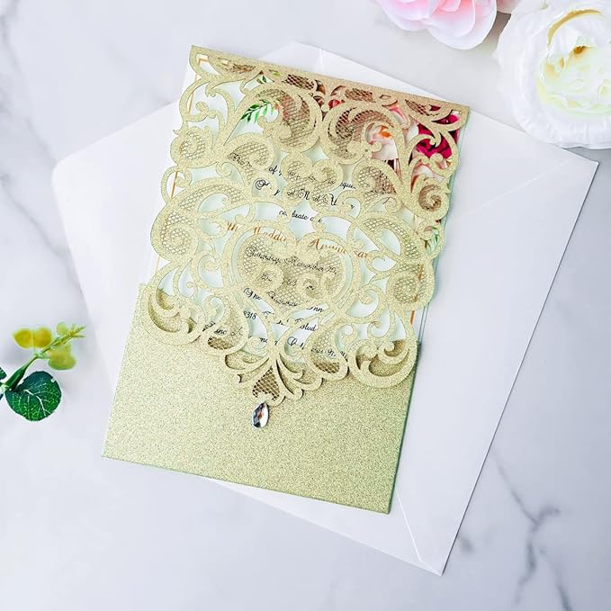 Hosmsua 50PCS Personalized Wedding Invitations Kit 5.12 x 7.3 Laser Cut Hollow Rose Rhinestone Pocket with Envelope for Wedding Quinceanera Invite (Champagne Gold Glitter)