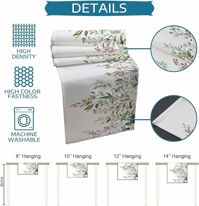 Botanical Eucalyptus Cotton Linen Table Runner for Dining Kitchen, Wedding Outdoor Party Tablerunners Decoration, Sage Green Leaves Elegant Floral Dresser Scarf Coffee Tablecloth Runners 13x90 Inches