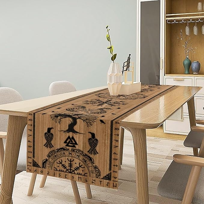 Viking Tree of Life Table Runner, Wooden Printed Eagle Dragon Boat Rudder Seasonal Kitchen Dining Table Decoration for Home Party 13x90 Inch