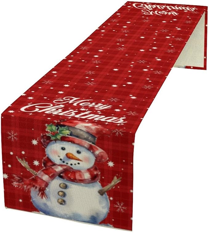 Christmas Table Runner,Christmas Snowman Snowflakes Winter Seasonal Table Cloth Kitchen Dining Table Decoration for Home Party Decor 13x70 Inch