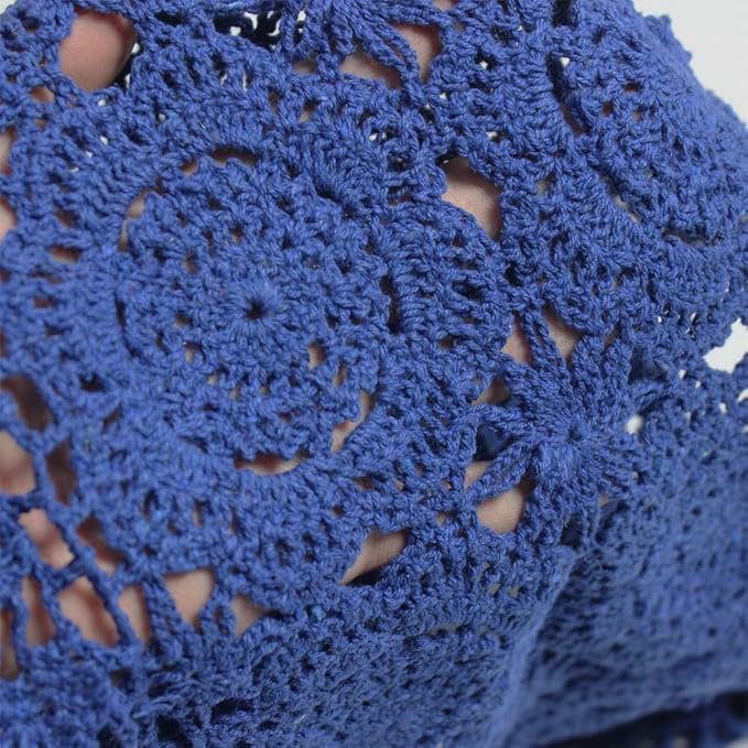 KEPSWET Cotton Handmade Crochet Lace Table Runner Blue Rectangle Coffee Table Dresser Decor (14x48 inch)