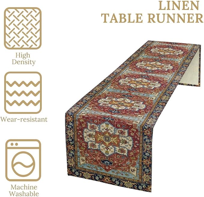 Vintage Boho Floral Table Runner, Rustic Country Farmhouse Red Blue Gold Retro Flower Pattern for Home Kitchen Table Decor Dining Coffee Room Party Decor 13x60in
