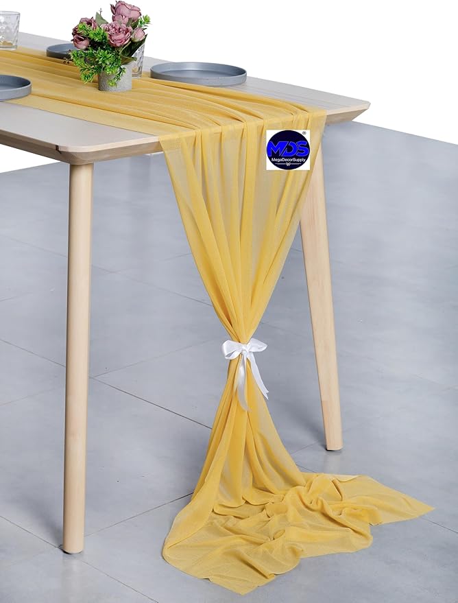 MDS 25 Pack 10ft Chiffon Table Runner 29 x 120 Inches Sheer Wedding Runner Romantic Rustic Table Runner for Wedding Decorations, Birthday Parties, Bridal Shower Party Arch Decor - Gold