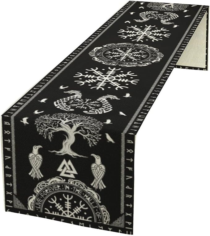 Ancient Abstract Pattern Table Runner, Tree of Life Eagle Dragon Boat Rudder Black and White Table Runner for Party Kitchen Dinner Cafe Bedroom Living Room Table Runner 13x90 Inch