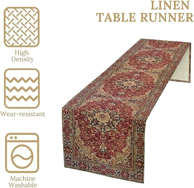 Vintage Boho Floral Table Runner, Rustic Country Farmhouse Red Gold Bohemia Flower Pattern for Home Kitchen Table Decor Dining Coffee Room Party Decor 13x72in