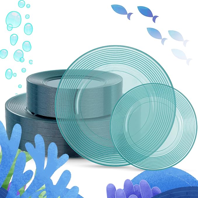 FLOWERCAT 100PCS Clear Blue Plastic Plates - Heavy Duty Plastic Plates Disposable -Straw hat plate for Summer party &Wedding - Serve for 50Guests party(10inch & 7inch)(Mediterranean Blue)