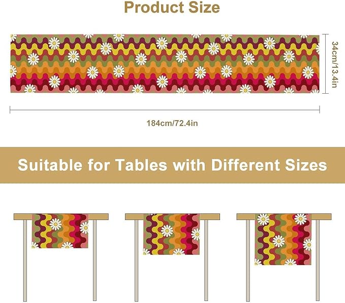 Vintage Floral Table Runner,60s 70s Colorful Retro Abstract Hippie Print Table Runner for Kitchen Dining Table Home Party Decoration 13x72 Inch