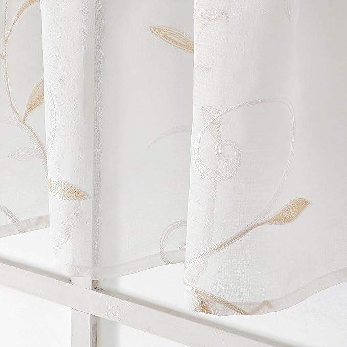 VISIONTEX Sheer Voile Curtain Valances, Decorative Leaves Embroidered, Rod Pocket Window Treatment for Kitchen/Rustic Bedroom/Living Room (54 x 16 Inch,1 Panel)
