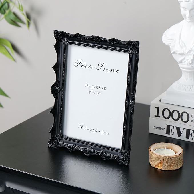 Cuspin 5x7 Black Picture Frame, Handcrafted Resin Frame with Exquisite Carved Details & Glass Front, Vintage Antique Design for Wall Hanging or Tabletop Display, Home Decor