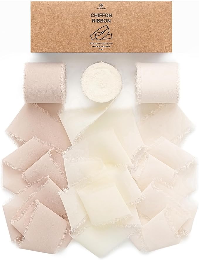 Vitalizart White Handmade Chiffon Silk Ribbon Fringe 1.5" x 21 Yd Nude & Ivory Frayed Edges Ribbons for Wedding Invitations Bridal Bouquets Gifts Wrapping Crafts Holiday Party Decorations