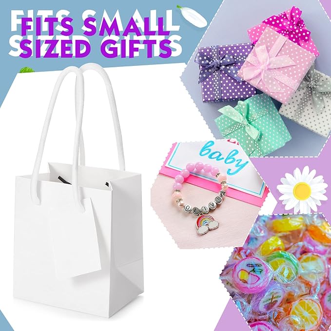 Sherr 100 Pack Mini Gift Bags Bulk, 4 x 2.75 x 4.5 Inches Paper Bags with Tags, Extra Small Paper Gift Boxes with Handles for Birthday, Party Favors, Weddings, Small Business(White)