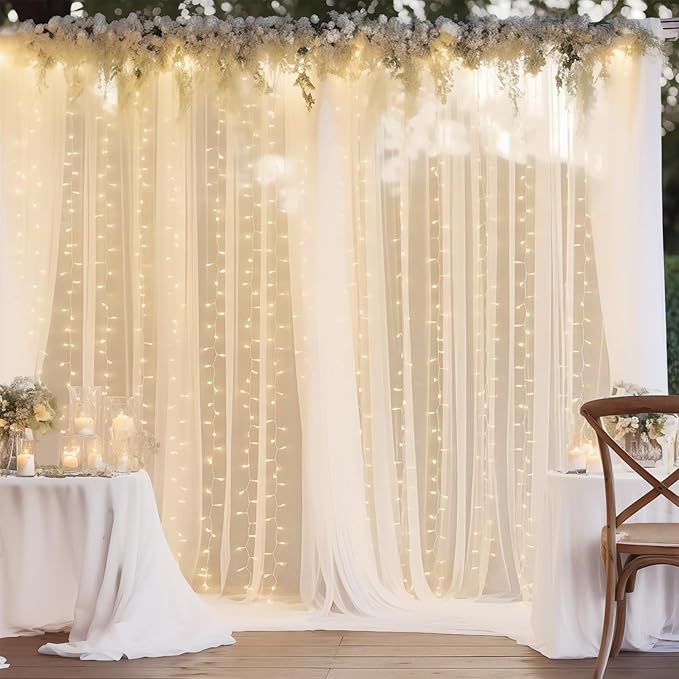 20×10ft White Tulle Backdrop Curtain with Lights String for Parties, Sheer Photo Backdrop Curtains for Wedding Party Photography Background