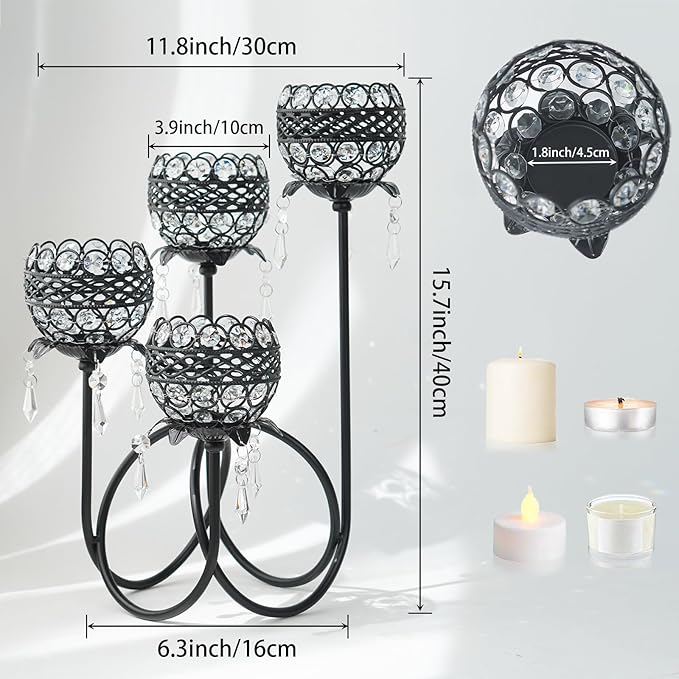 4 Arms Crystal Candelabra Tealight Holder - Tall 15.7 Inch Elegant Centerpiece with Crystal Pendant Bowls & Artistic Metal Stand for Wedding, Dining Table, Home Decor (4, Black)
