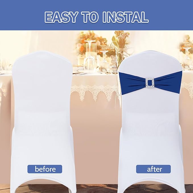 Joccun 120 PCS Spandex Chair Sashes Bows Stretch Chair Cover Band with Buckle Slider Universal Elastic Chair Ties for Wedding Banquet Party Event Decoration (Navy)