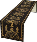 Viking Tree of Life Abstract Table Runner for Living Room Home Party Coffee Dining Party Wedding Golden Black Celtic Style Geometric Dragon Boat Rudder Ancient Script Table Runner 13x108 Inch